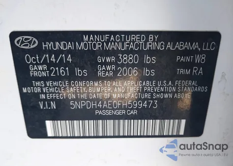 2015 Hyundai Elantra Se z USA, uszkodzony, nr VIN 5NPDH4AE0FH599473
